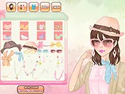 Screenshot of Pastel Palette Make Up game showing a girl ready for a fashion makeover with a selection of pastel clothes and cosmetics