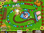 Screenshot of Pearls for Pigs match 3 game showing a chain of colorful pearls moving toward a hole with the pig player aiming a new pearl