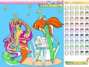 Screenshot of Kid's Coloring: Young Mermaid online game showing a black and white outline of a mermaid with a selection of colors on the palette
