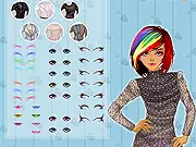 Rainbow Hair Style game screenshot showing a girl with vibrant, multicolored hair and fashionable clothes, play free fashion game