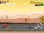 An overhead view of an arcade car shooting a bomb at other vehicles on a busy highway in the action-racing game Bombing Cars.