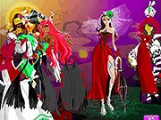 Screenshot of the Thriller Dressup game interface showing a lady model surrounded by creepy costumes, dark makeup, and scary accessories.