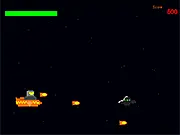 Screenshot of The Space Destroyer game showing a player's spaceship firing at multiple enemy alien ships in space, play free online arcade shooter