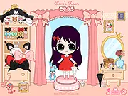 Screenshot of Claire's Room Dress Up game showing a girl standing in a decorated room with various customizable outfits, PlayArcadeHub free game.