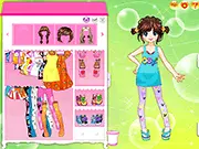 Screenshot of Colorful Dirndl Dress Up game with a female character wearing a vibrant red and blue traditional Bavarian dress.