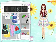 The character wearing a cute outfit made of floral, small grid, and patchwork fabrics in the Patchwork Small Cute dress up game