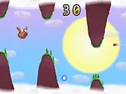 A fluffy, giant pink swine with small wings flying between two green pipe-like cliffs in the arcade game Giant Flappy Swine
