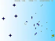 Swarmers twin-stick shooter game screenshot, small ship firing lasers at a large group of enemy dots in a black void