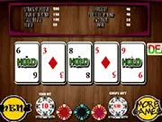 Video Poker game screen showing a hand of five cards with buttons to hold and draw new cards, free online casino game