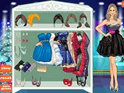 Free online holiday fashion game Holiday Party Dressup, featuring a lady choosing a glamorous festive outfit for her home Christmas party on PlayArcadeHub