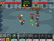 Screenshot of the Clicker Troops game interface showing an army of soldiers fighting a wave of pixelated enemies and a gold counter.