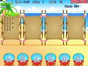 Screenshot of Words on the Beach free online puzzle game showing hidden words forming between sea shells and bottles on a sandy shore