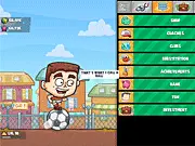 Screenshot of the Soccer Simulator: Idle Tournament mobile game showing a young football player with stylized graphics, surrounded by various upgrade buttons, currency counters, and an achievement menu typical of an idle clicker game.