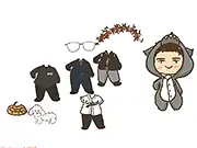 The K-pop idol Sehun from EXO, standing as a digital model in the game Dress Up Sehun, with various clothing options and fashion accessories surrounding him