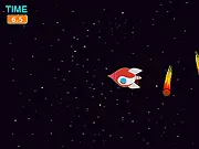 Screenshot of the Meteor Dodge: Arcade mobile game showing a small spaceship at the bottom of the screen navigating through a swarm of simple, pixelated falling meteorites against a dark space background.