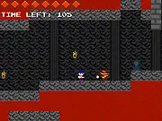 Screenshot of Cave Escape Shooter online game showing a small character running and shooting in a dark, unstable cave with time running out.