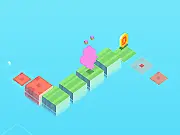 Screenshot of Island Trip Rush online game showing the hero running on a path of colored blocks with four colored buttons at the bottom of the screen.