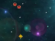 Screenshot of Golden Shooter online game showing a spaceship firing golden bullets at waves of enemy ships in a dark, top-down view of space.