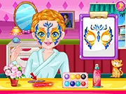 Fashion Doll Facial Painting game screenshot with a model getting a colorful face paint design applied free online