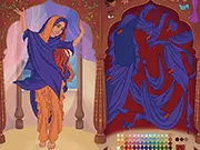 Indian Dancer Dress Up game screenshot, featuring a woman in a colorful, ornate dancing costume, free online fashion design game