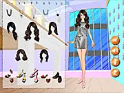 Screenshot of Lovely Selena Dressup online game showing a celebrity getting ready for a performance, selecting a sparkling dress and hairstyle