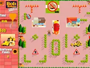 Bob the Builder and his construction vehicles Scoop, Muck, and Lofty in the Bobsville Build Game, a free online children's game