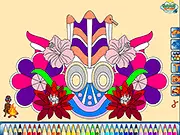 Mystery of Ceylon game image showing a black and white outline of a highly decorated traditional Singhalese mask with floral patterns, ready to be colored