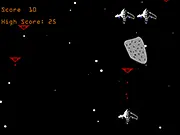 Space Battle game screenshot showing a highly upgraded player spaceship firing multiple weapons at several enemy alien fighters in a dark, star-filled void