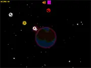 Tiny Expandable Planet game screenshot showing a small character running on a circular planet's surface while collecting stars and avoiding a flying enemy alien