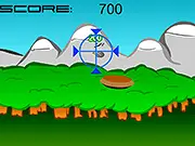Pigeon Hunt free online arcade game screenshot, shooting flying pigeons and pies for a high score on PlayArcadeHub