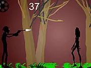 The first-person perspective in the free online game Zombie Buster Shadows, aiming a gun at an approaching shadowy zombie.