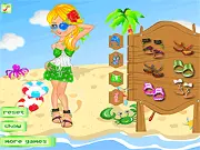 Screenshot from the Hawaii Travel dress up game showing a character wearing a colorful bikini and a flower lei on a beach background