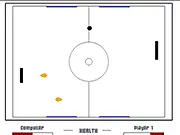 Battle Pong game screenshot showing two paddles deflecting a ball, aiming for the opponent's shield, with glowing blue power-up panels on the side walls