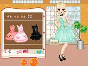 Screenshot of the Little Loving Doll dress up game showing a beautiful girl styled in a frilly dress and doll-like accessories