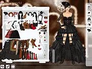 Screenshot of the Steampunk Style dress-up game showing a female character wearing a brown leather corset, goggles, and a mechanical arm accessory.