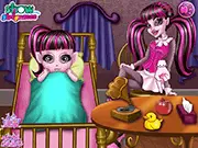 Draculaura Baby Care game screen showing Monster High's Draculaura holding her baby, free online care game