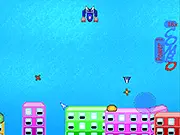 Screenshot of Blob Bomber online game showing colorful blobs on a grid being destroyed by a strategic bomb explosion