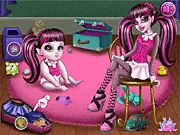 Screenshot of the Draculaura Care Baby game showing the character Draculaura and her baby in a colorful nursery, play free online simulation game