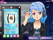 Screenshot of the Anime Geek Girl Makeover game showing a cute character with large glasses, colorful hair, and a fashionable geek-themed outfit.