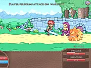Screenshot of the turn-based RPG Enola - Prelude showing a party of heroes engaged in battle against a fantasy enemy in a hand-drawn forest environment