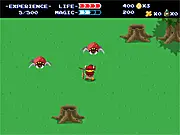 Pixelated screenshot from the retro game Hero's Arms showing a small hero with a sword fighting an enemy in a dungeon setting