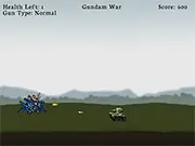 Gundam War free online action shooter game screenshot, showing a futuristic giant robot (Gundam) firing a weapon at multiple enemy targets.