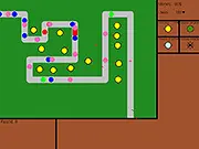 Gameplay screenshot of Geometry Defense 2, showing geometric defensive turrets firing glowing projectiles at waves of approaching colored geometric shapes (enemies) on a dark grid map.
