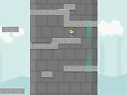 Screenshot from Towos game showing a small character climbing a vertical tower filled with moving platforms and dangerous obstacles.
