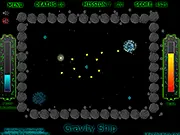 Gravity Ship game screenshot, a small spacecraft avoiding multiple swirling black holes in a dark nebula