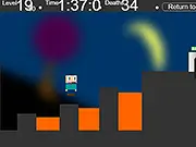 Sumiyaka Challenge game screenshot showing a small character preparing to jump over a large gap filled with dangerous spikes
