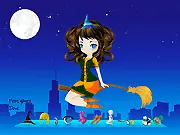 Flying Witch Dress Up free online game, cute witch character with broom and magical dress, play free dress-up games