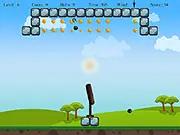 Coin Bag free online game interface showing a cannon aiming at a cluster of gold coins and obstacles.