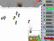 Christmas Coal Mine Harvest TD game screen showing elf defenders shooting at enemy creatures near a festive coal mine