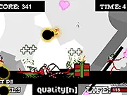 Salvo Holiday Battle game screenshot showing a character shooting bullets at enemies near a large, touch-activated bomb